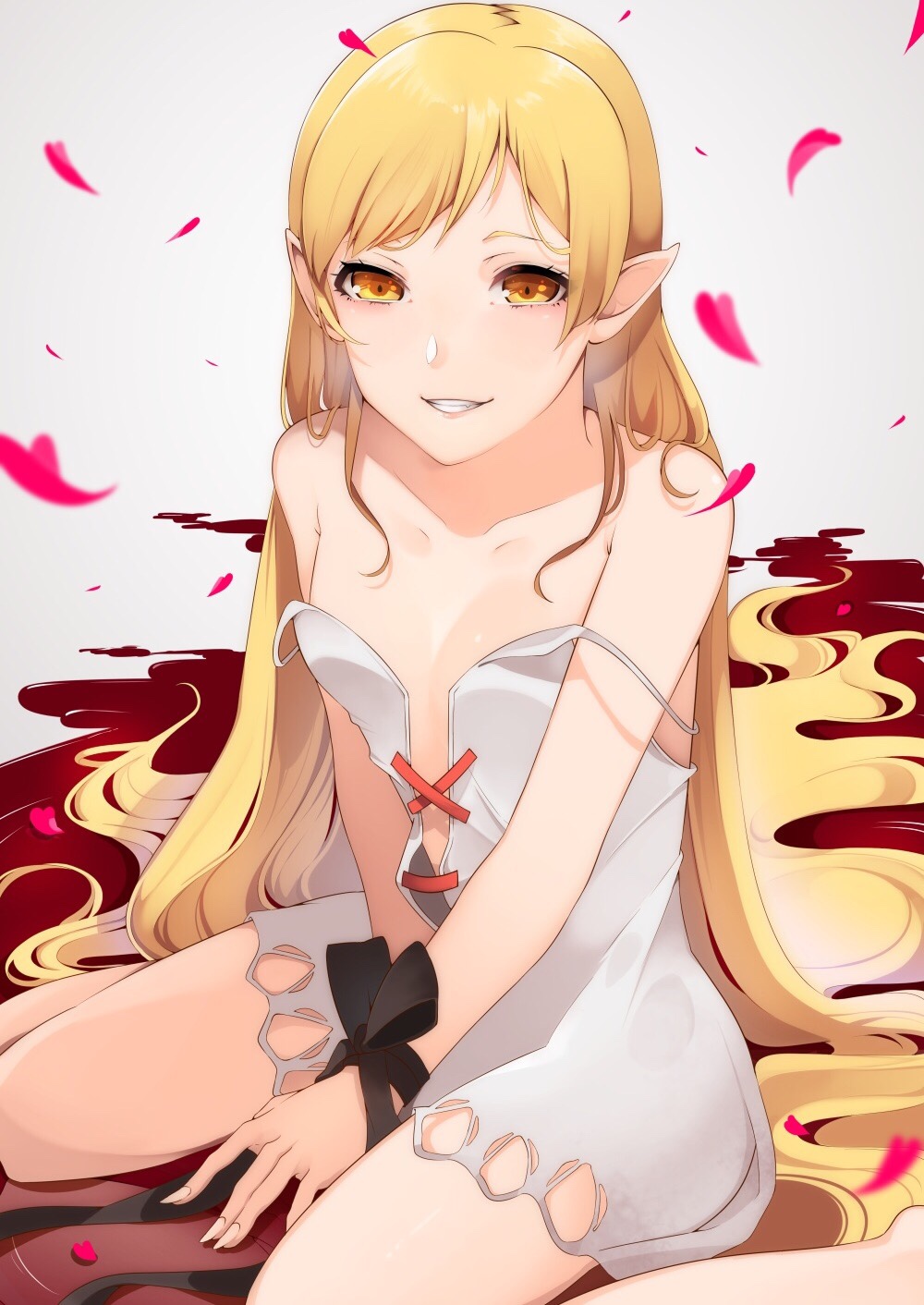 1girl akuan_(7jackpot7) bangs bare_legs barefoot between_legs black_ribbon blonde_hair blood blood_on_ground bound bound_wrists breasts cleavage_cutout commentary_request dress fangs hand_between_legs heart highres kiss-shot_acerola-orion_heart-under-blade kizumonogatari long_hair monogatari_(series) pointy_ears ribbon shadow sitting sketch small_breasts smile solo spaghetti_strap strap_slip very_long_hair wariza wrist_ribbon yellow_eyes