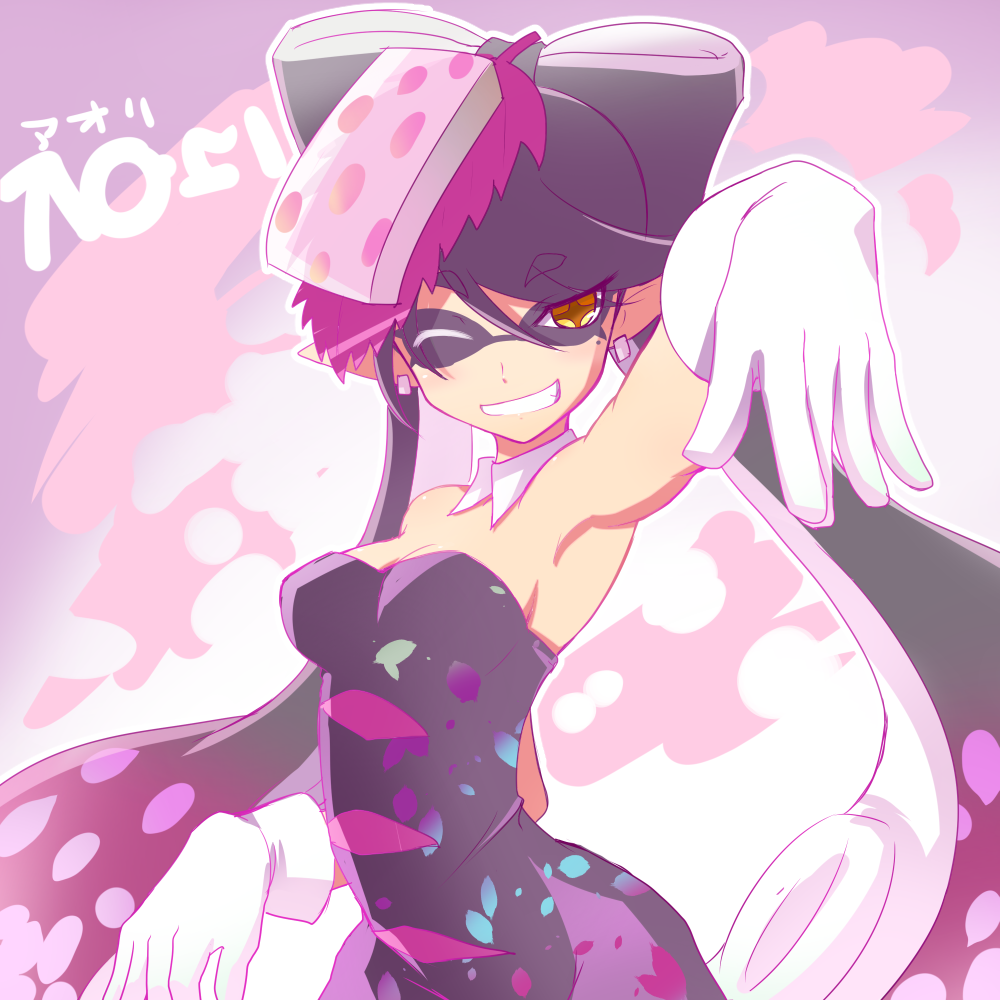 +_+ 1girl aori_(splatoon) arm_up armpits bare_shoulders black_dress black_hair bow breasts cleavage commentary_request detached_collar domino_mask dress earrings food food_on_head gloves grin hair_bow hat ikkyuu jewelry long_hair looking_at_viewer mask mole mole_under_eye object_on_head one_eye_closed pointy_ears smile solo splatoon strapless symbol-shaped_pupils tentacle_hair tentacles white_gloves yellow_eyes
