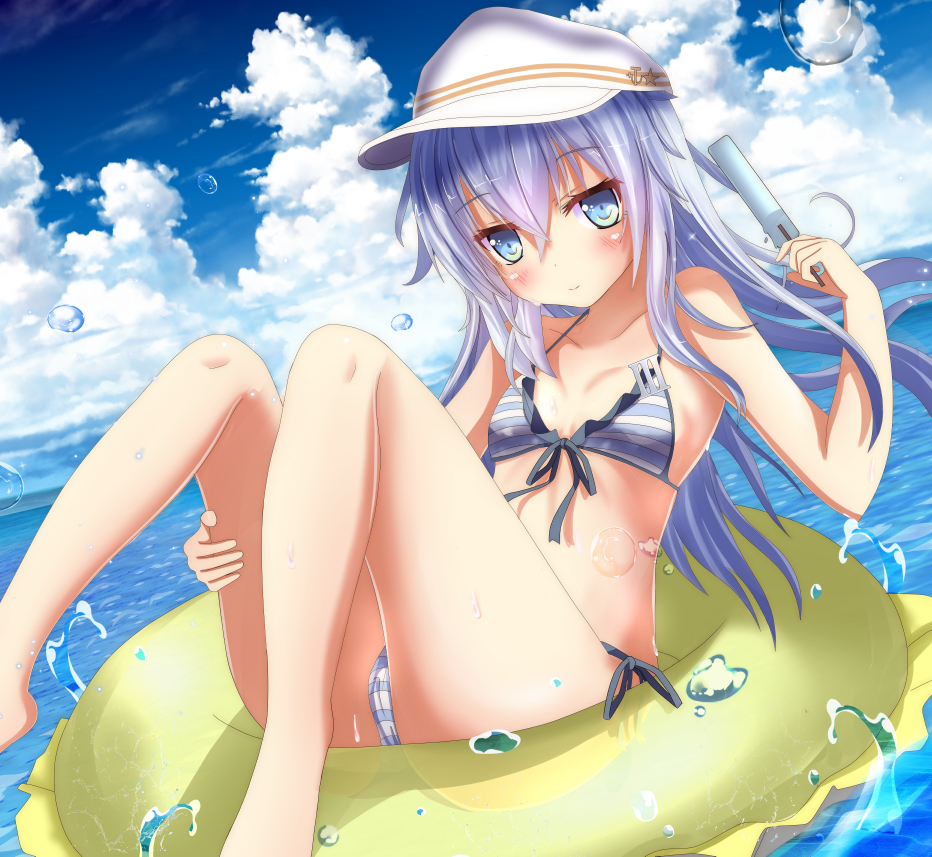 1girl aruka_(alka_p1) badge bare_shoulders bikini blue_eyes blue_sky blush breasts clouds cloudy_sky collarbone day dutch_angle flat_cap food frilled_innertube hammer_and_sickle hat hibiki_(kantai_collection) ice_cream innertube kantai_collection looking_at_viewer ocean outdoors popsicle silver_hair sky small_breasts smile solo star striped striped_bikini swimsuit verniy_(kantai_collection) water