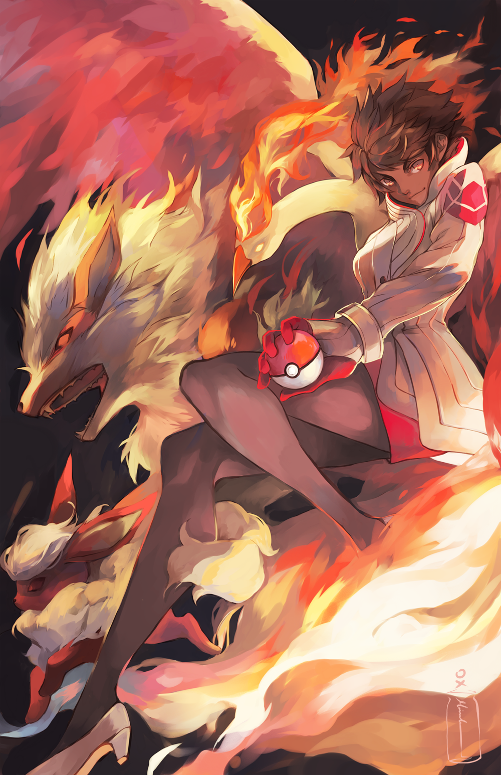 1girl arcanine brown_eyes brown_hair candela_(pokemon) coat dark_skin fire flareon full_body gloves glowing glowing_eyes high_heels highres holding holding_poke_ball moltres ox-miruku pantyhose poke_ball pokemon pokemon_go red_gloves short_hair signature smile team_valor