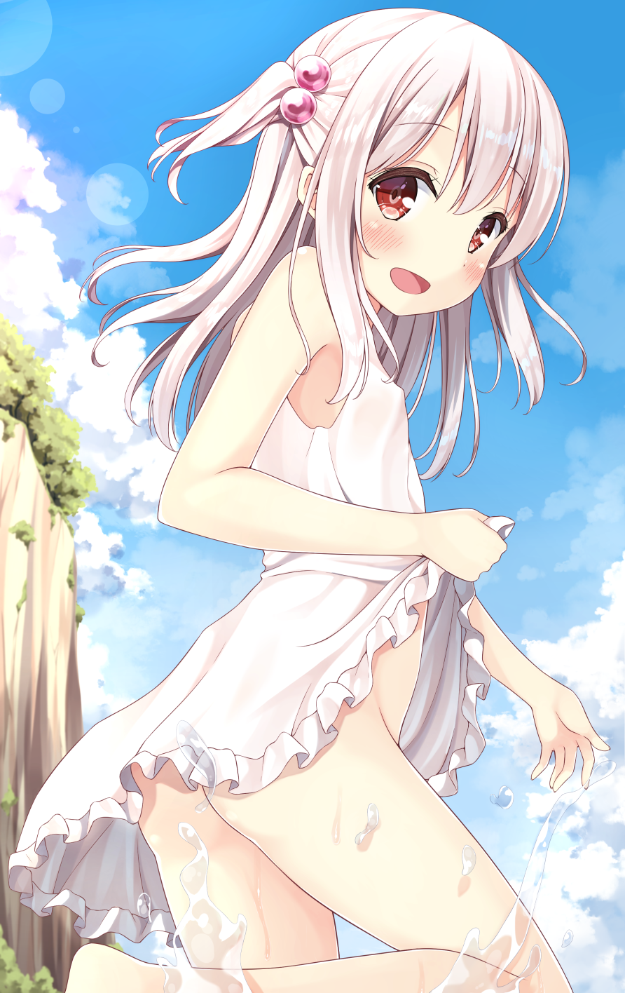 1girl :d bare_legs barefoot blue_sky blush breasts clouds cloudy_sky day dress dress_lift hair_bobbles hair_ornament highres karutamo lens_flare lifted_by_self long_hair looking_at_viewer no_panties open_mouth original outdoors red_eyes sky sleeveless sleeveless_dress small_breasts smile solo splashing summer sundress tisshu_(karutamo) two_side_up water white_dress white_hair