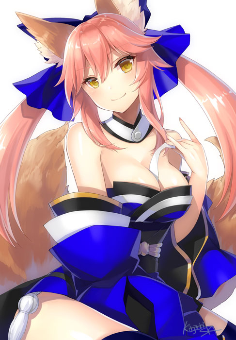 1girl animal_ears bare_shoulders between_breasts blue_bow blue_legwear blue_ribbon blush bow breasts caster_(fate/extra) cleavage commentary_request detached_collar detached_sleeves fate/extra fate/grand_order fate_(series) fox_ears fox_girl fox_tail hair_bow hair_ribbon japanese_clothes kimono long_hair long_sleeves looking_at_viewer medium_breasts obi pink_hair ribbon sakuyosi sash short_kimono sidelocks smile solo tail thigh-highs twintails white_background wide_sleeves yellow_eyes