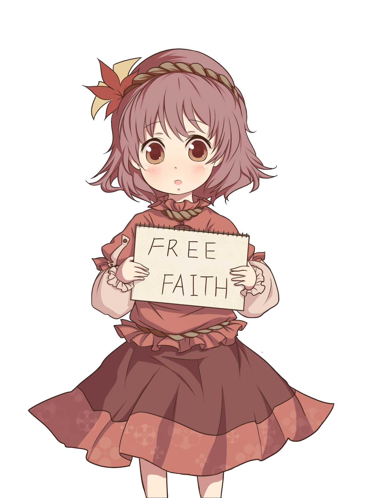 1girl autumn_leaves blush brown_eyes cowboy_shot english highres holding_sign looking_at_viewer muted_color open_mouth purple_hair red_shirt reflective_eyes rope shimenawa shirt short_hair sign simple_background skirt solo standing tatuhiro touhou white_background white_shirt yasaka_kanako younger