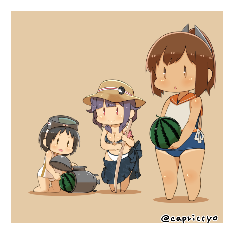 3girls bikini black_hair bokken brown_eyes brown_hair capriccyo chibi diving_mask diving_mask_on_head food fruit hair_flaps hair_ornament hairclip i-401_(kantai_collection) kantai_collection low_twintails maru-yu_(kantai_collection) multiple_girls one-piece_swimsuit open_mouth ponytail purple_hair red_eyes sailor_collar sarong school_swimsuit short_hair short_ponytail swimsuit swimsuit_under_clothes sword taigei_(kantai_collection) tan tanline torpedo twintails twitter_username watermelon weapon white_school_swimsuit white_swimsuit wooden_sword