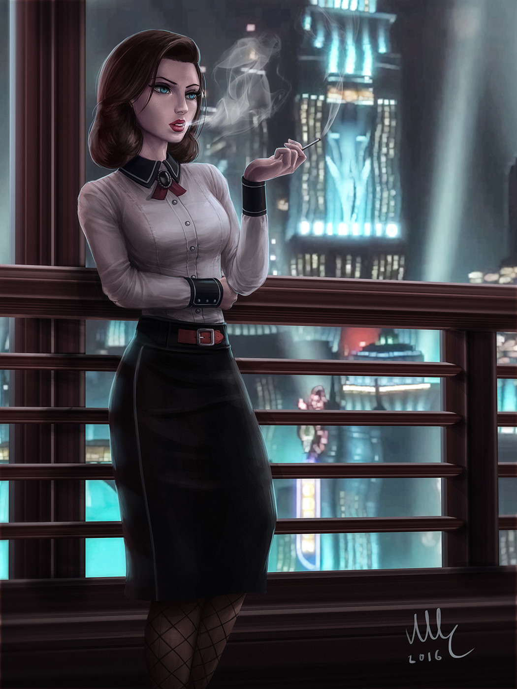 1girl 2016 belt bioshock bioshock_infinite black_skirt blue_eyes breasts brown_hair building cigarette collared_shirt elizabeth_(bioshock_infinite) fishnet_pantyhose fishnets highres holding indoors long_skirt long_sleeves medium_breasts mirco_cabbia number pantyhose parted_lips pencil_skirt railing realistic shirt signature skirt smoke smoking solo spotlight standing white_shirt