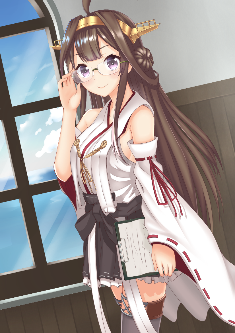 1girl adjusting_glasses ahoge bangs bespectacled blue_sky bow breasts brown_eyes brown_hair clipboard detached_sleeves double_bun glasses hairband hakama headgear japanese_clothes kantai_collection kongou_(kantai_collection) large_breasts long_hair long_sleeves looking_at_viewer nontraditional_miko remodel_(kantai_collection) rigging sidelocks sketch sky smile solo takamiya_nao thigh-highs wall wide_sleeves window zettai_ryouiki