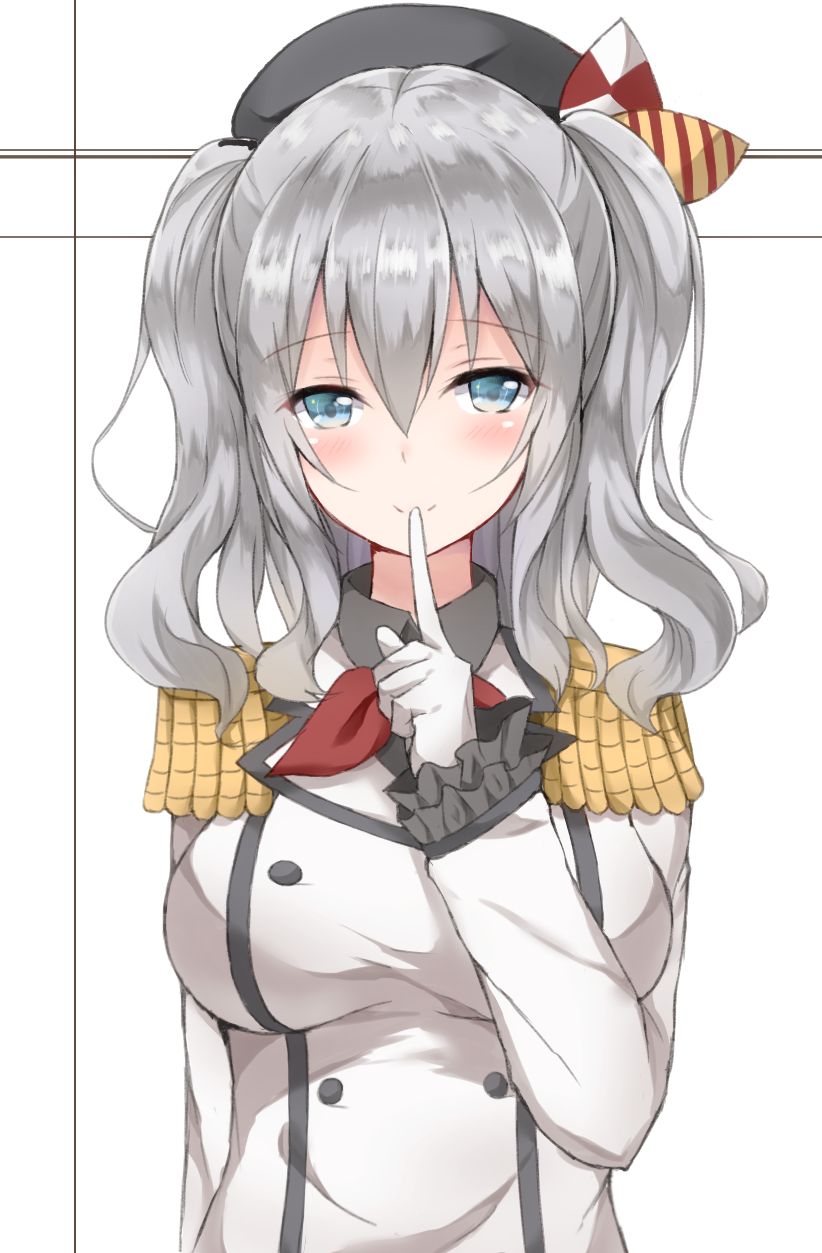 1girl blue_eyes breasts epaulettes finger_to_mouth highres kantai_collection kashima_(kantai_collection) kerchief md5_mismatch military military_uniform silver_hair smile solo tsurime twintails uniform wavy_hair yuzuru_(hayuiop123)