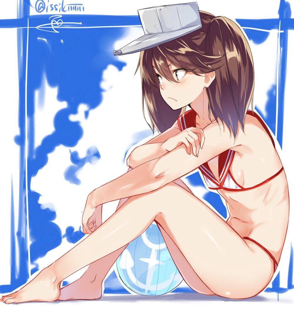 1girl :&lt; alternate_costume anchor_symbol armpits ball bare_arms barefoot beachball bikini breasts brown_eyes brown_hair closed_mouth fang fang_out from_side full_body isshiki_(ffmania7) kantai_collection knees_up long_hair looking_to_the_side navel red_bikini ryuujou_(kantai_collection) sailor_bikini sailor_collar sitting small_breasts solo swimsuit twintails twitter_username visor_cap
