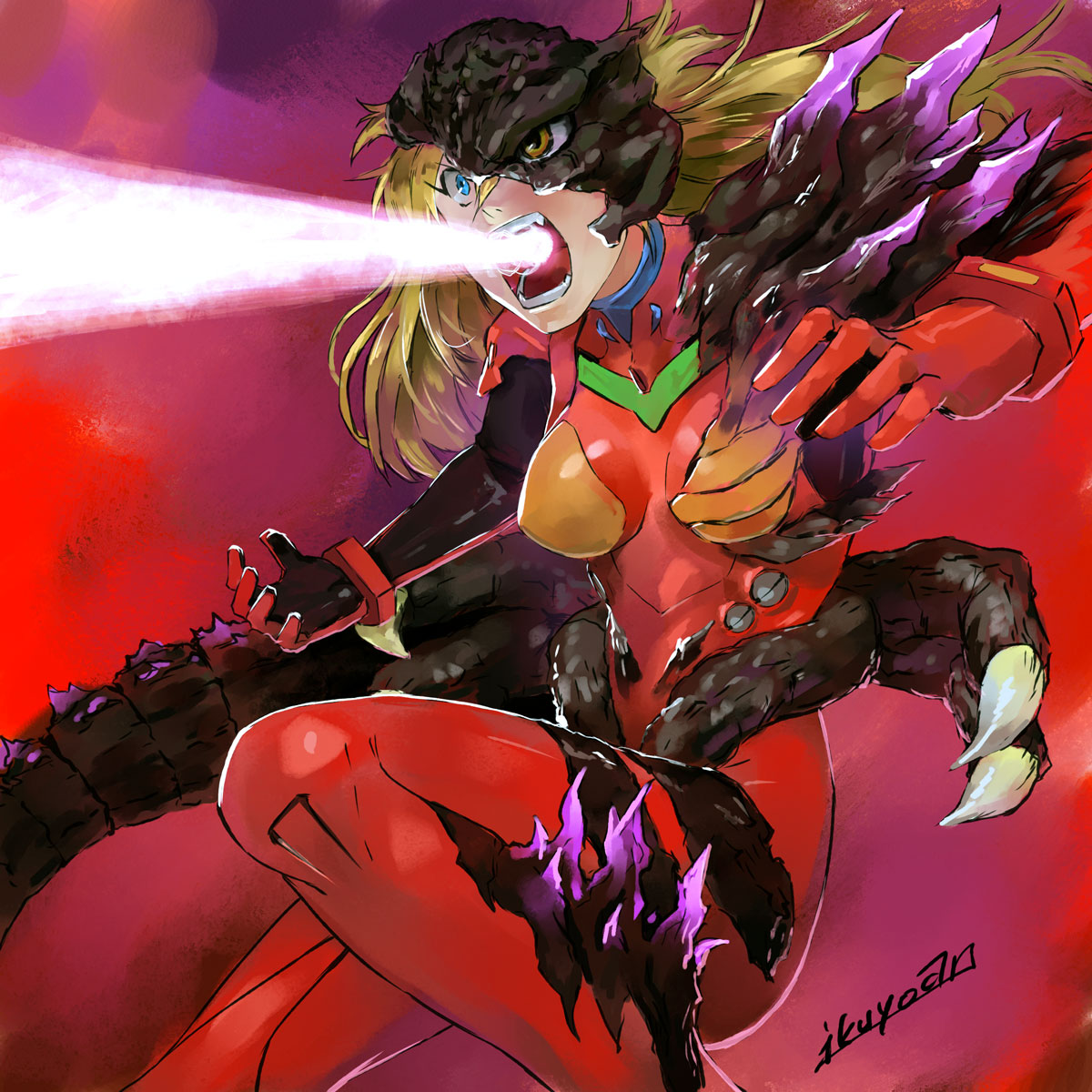 1girl attack bangs blonde_hair blue_eyes bodysuit bracer breasts breasts_apart claws creator_connection dragon_girl dragon_tail energy_beam fighting_stance from_side fusion gloves glowing godzilla godzilla_(series) hair_between_eyes heterochromia highres ikuyoan long_hair looking_to_the_side monster_girl mouth_beam neon_genesis_evangelion open_mouth pilot_suit plugsuit scales shin_godzilla signature solo souryuu_asuka_langley tail turtleneck wide-eyed yellow_eyes