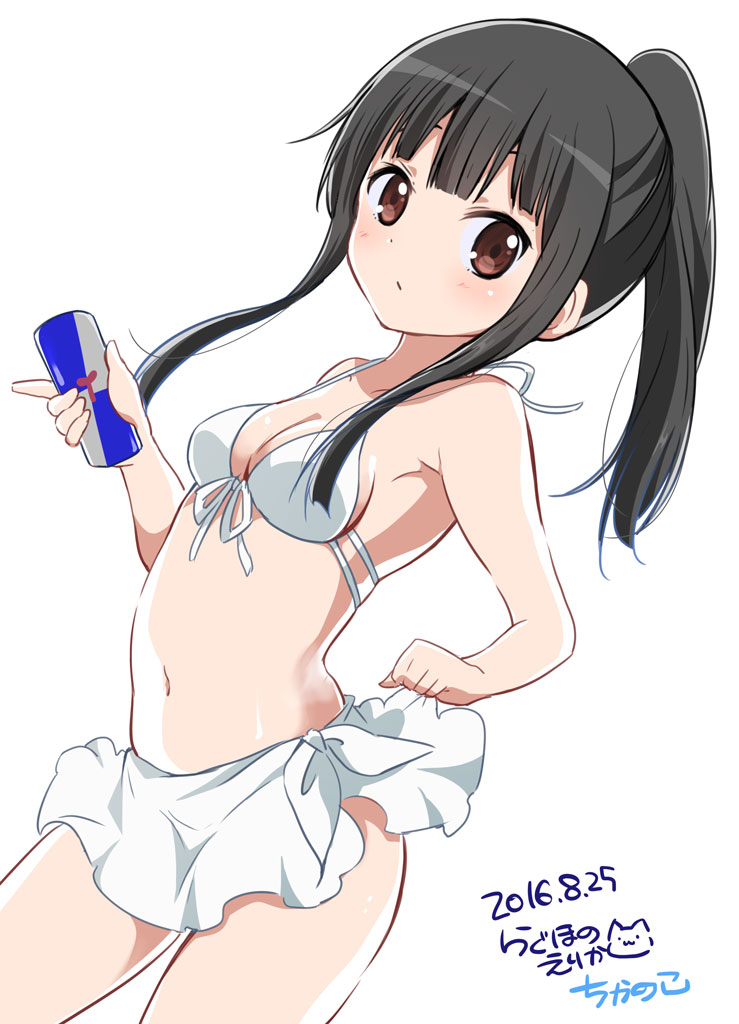 1girl 2016 bikini bikini_skirt black_hair blush breasts brown_eyes can cleavage collarbone commentary_request dated energy_drink front-tie_top holding_can long_hair looking_at_viewer navel original ponytail ragho_no_erika red_bull signature solo swimsuit white_bikini white_swimsuit