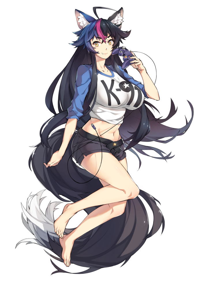 1girl animal_ears barefoot black_hair breasts controller fang gamecube_controller gebyy-terar large_breasts long_hair midriff multicolored_hair raglan_sleeves shorts simple_background solo tail yellow_eyes