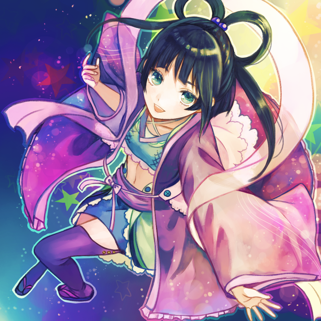 1girl black_hair green_eyes japanese_clothes kurodeko long_hair midriff miniskirt navel open_mouth original sandals skirt solo star thigh-highs