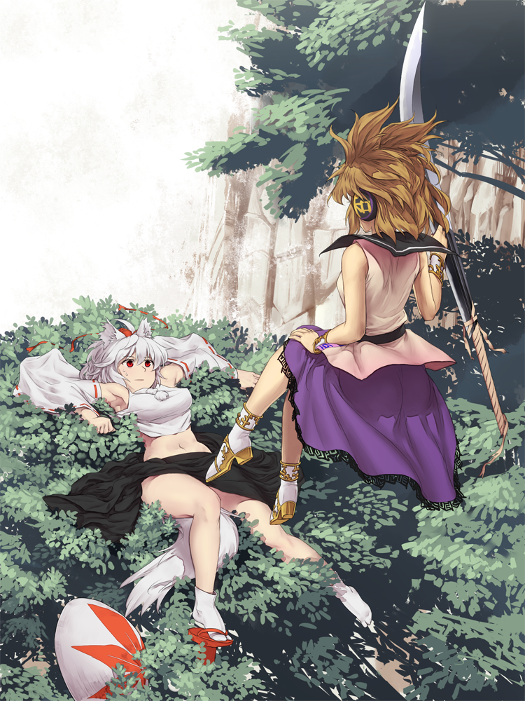 2girls armpits bare_legs belt black_skirt bracer breasts brown_hair commentary_request crop_top detached_sleeves earmuffs floating geta hat inubashiri_momiji leaf looking_at_another lying maple_leaf medium_breasts midriff multiple_girls navel outdoors pink_shirt pom_pom_(clothes) purple_skirt red_eyes red_ribbon ribbon ribbon-trimmed_sleeves ribbon_trim shield shinburu shirt short_hair skirt sword tabi taut_clothes tengu-geta tokin_hat touhou toyosatomimi_no_miko tree weapon white_hair white_legwear wide_sleeves