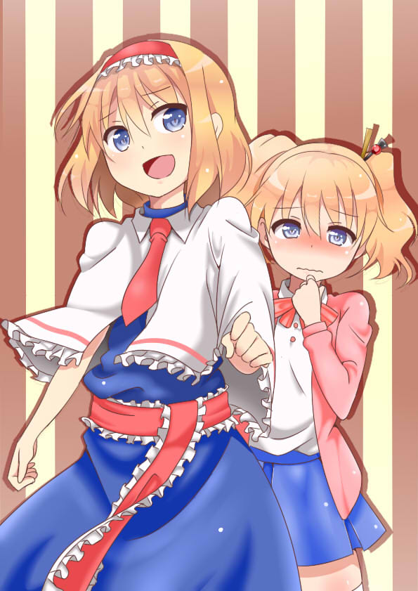 2girls :d alice_cartelet alice_margatroid behind_another blonde_hair blue_dress blue_eyes blue_skirt blush capelet cardigan crossover dress embarrassed hair_ornament hair_stick hairband hand_on_own_chin kin-iro_mosaic lolita_hairband looking_at_viewer mikoten35 multiple_girls namesake necktie open_mouth red_necktie sash shadow short_hair skirt smile striped striped_background touhou twintails wavy_mouth