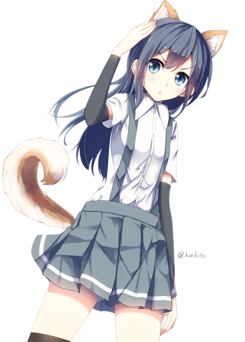 1girl :&lt; animal_ears arm_warmers asashio_(kantai_collection) black_hair black_legwear blue_eyes bright_background buttons detached_sleeves dog_ears dog_tail highres kantai_collection kemonomimi_mode konkito long_hair looking_at_viewer pleated_skirt salute school_uniform shirt short_sleeves simple_background skirt solo suspenders tail thigh-highs triangle_mouth twitter_username white_background white_shirt