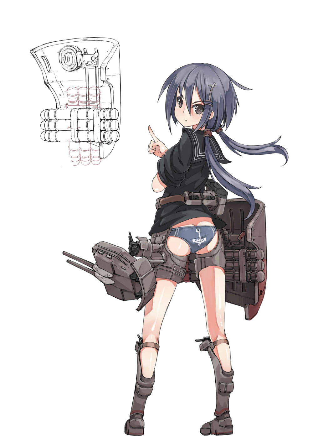 1girl anchor_symbol ass belt black_serafuku blue_hair blue_panties boots bottomless brown_eyes cannon crossed_arms from_behind full_body hair_ornament hairclip highres ikazuchi_(zhan_jian_shao_nyu) long_hair looking_at_viewer looking_back low_twintails panties pointing pout school_uniform serafuku short_sleeves simple_background solo standing stmaster thigh_strap torpedo twintails underwear white_background zhan_jian_shao_nyu