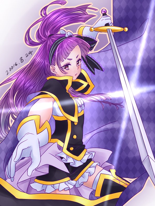 1girl izayoi_liko knight mahou_girls_precure! ponytail precure purple_hair solo sword violet_eyes weapon