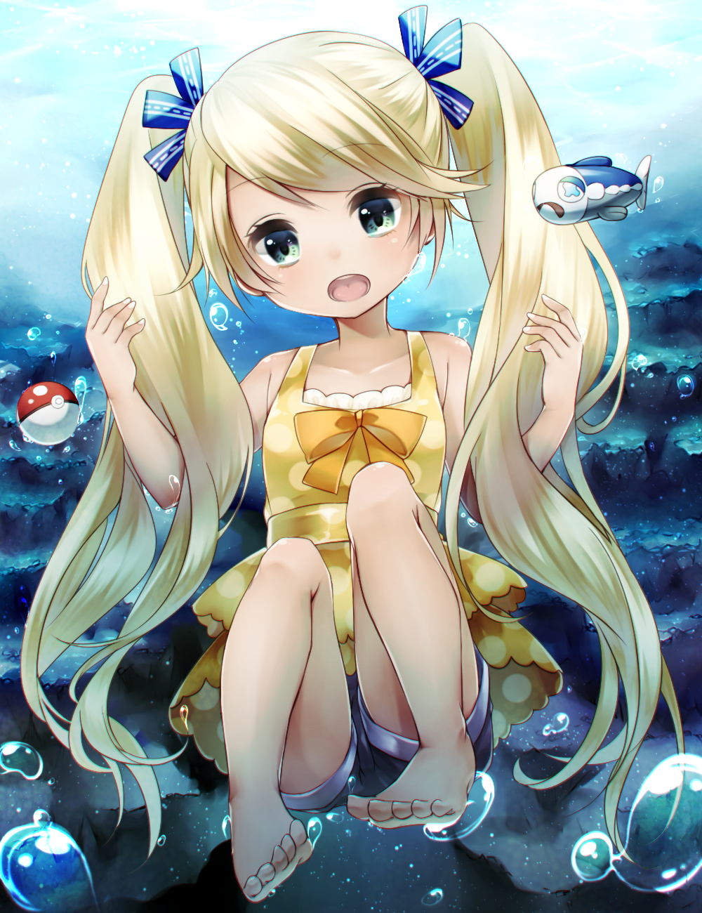 1girl barefoot blonde_hair blue_eyes bubble character_request denim denim_shorts dress feet fish highres long_hair open_mouth poke_ball pokemon pokemon_(creature) pokemon_(game) pokemon_sm ribbon short_dress short_shorts shorts shorts_under_dress sleeveless smile solo toes twintails underwater very_long_hair water wishiwashi