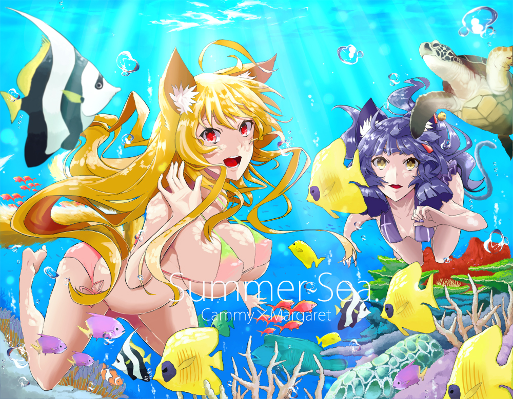 2girls air_bubble animal_ears barefoot blonde_hair breath coral fish fox fox_ears fox_tail freediving holding_breath long_hair multiple_girls ocean open_mouth original personification purple_hair red_eyes sea_turtle summer swimming swimsuit tail turtle underwater