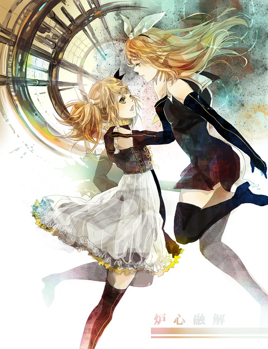 blonde_hair boots elbow_gloves gloves hairband kagamine_rin kagamine_rin_(roshin_yuukai/hard_rkmix) meltdown meltdown_(vocaloid) roshin_yuukai_(vocaloid) sailor_dress sk thigh-highs thigh_boots thighhighs twintails vocaloid