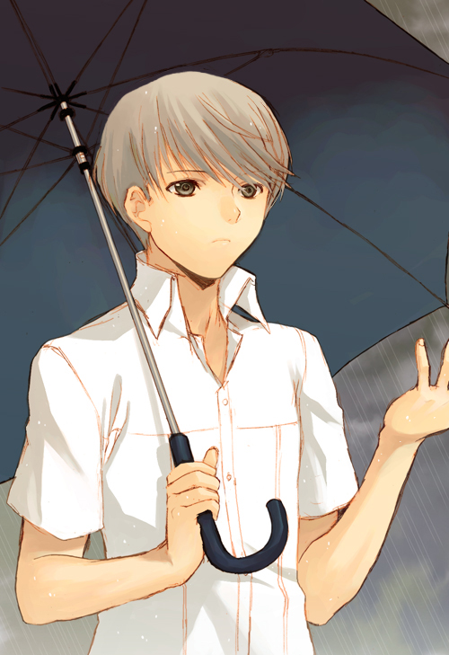 grey_eyes grey_hair hijiri_ruka male narukami_yuu persona persona_4 rain school_uniform seta_souji short_hair solo umbrella
