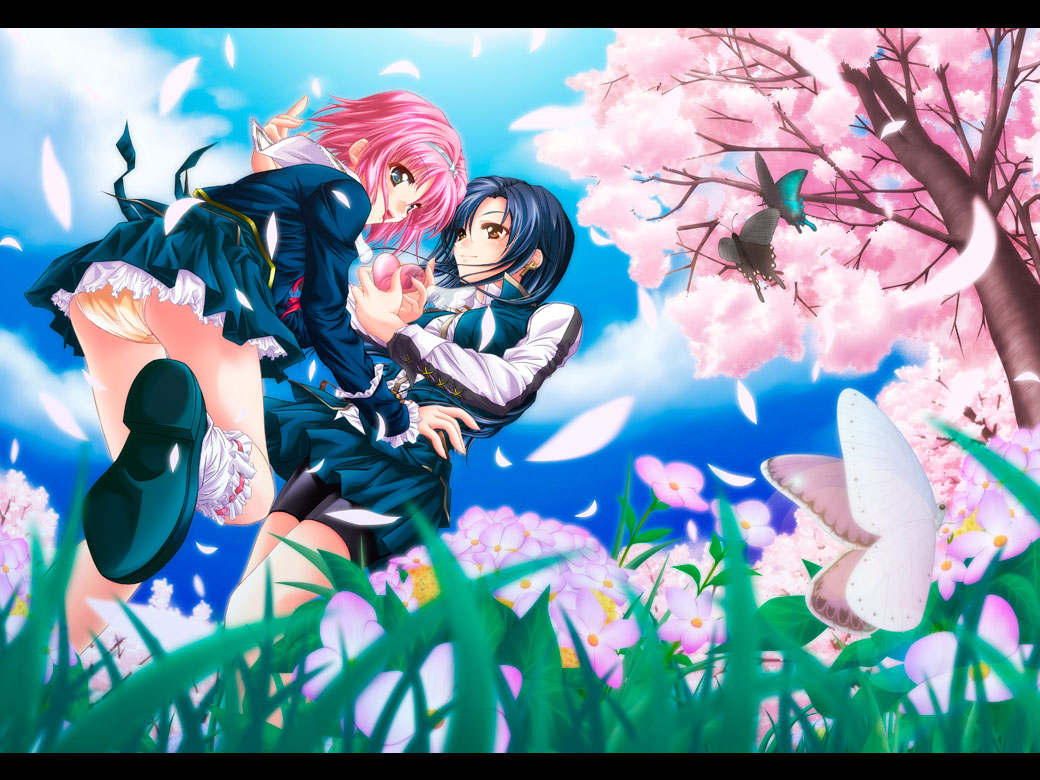 blue_hair bow brown_eyes butterfly cherry_blossoms earrings flower frills grass green_eyes hair_bow heart jewelry multiple_girls necktie original panties pantyshot petals pink_hair school_uniform shoes sky socks teita_(pixiv279117) tree underwear