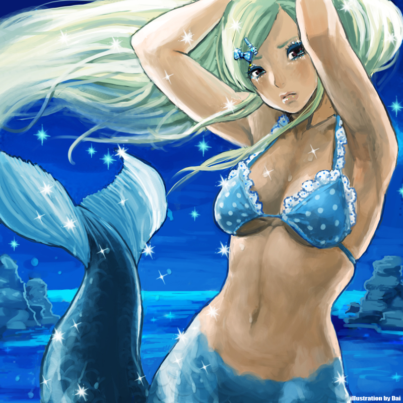 arms_up bikini blonde_hair brown_eyes cute daichan_mona hair_ornament hairpin lips long_hair mermaid midriff monster_girl navel original polka_dot polka_dot_bikini polka_dot_swimsuit sparkle swimsuit tail underwater