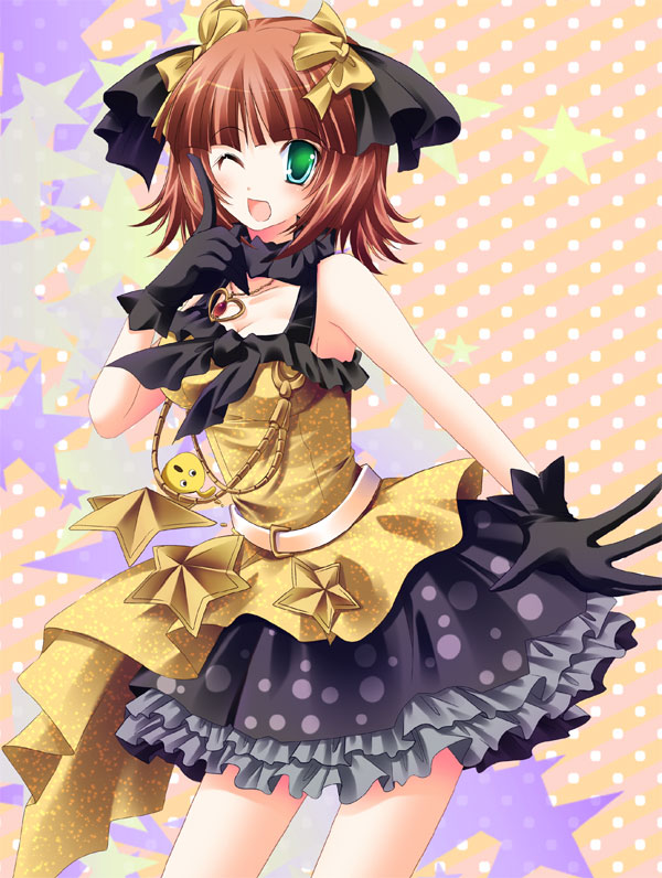 bad_id brown_hair gloves green_eyes hair_ribbon hinata_momo idolmaster jewelry kulche live_for_venus loco_roco locoroco pendant ribbon solo star wink