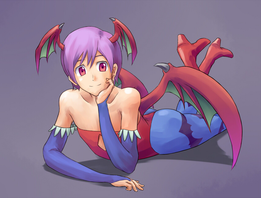 bat_wings bridal_gauntlets capcom chin_rest demon_girl elbow_gloves flat_chest gloves head_wings headwings kurio lilith_aensland lying on_stomach pantyhose purple_hair red_eyes short_hair simple_background smile succubus vampire_(game) wings