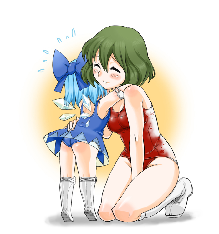 adapted_costume ass blood blue_hair blush boots bow child cirno closed_eyes green_hair hair_bow height_difference hug kazami_yuuka kneeling miyaji multiple_girls one-piece_swimsuit school_swimsuit smile swimsuit swimsuit_costume tiptoes touhou white_school_swimsuit wings wrestler wrestling wrestling_outfit
