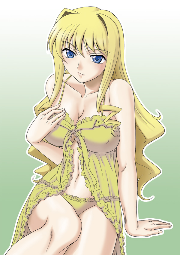 arm_support blonde_hair blue_eyes breasts cleavage lingerie long_hair misnon_the_great navel nightgown panties rental_magica see-through sitting underwear