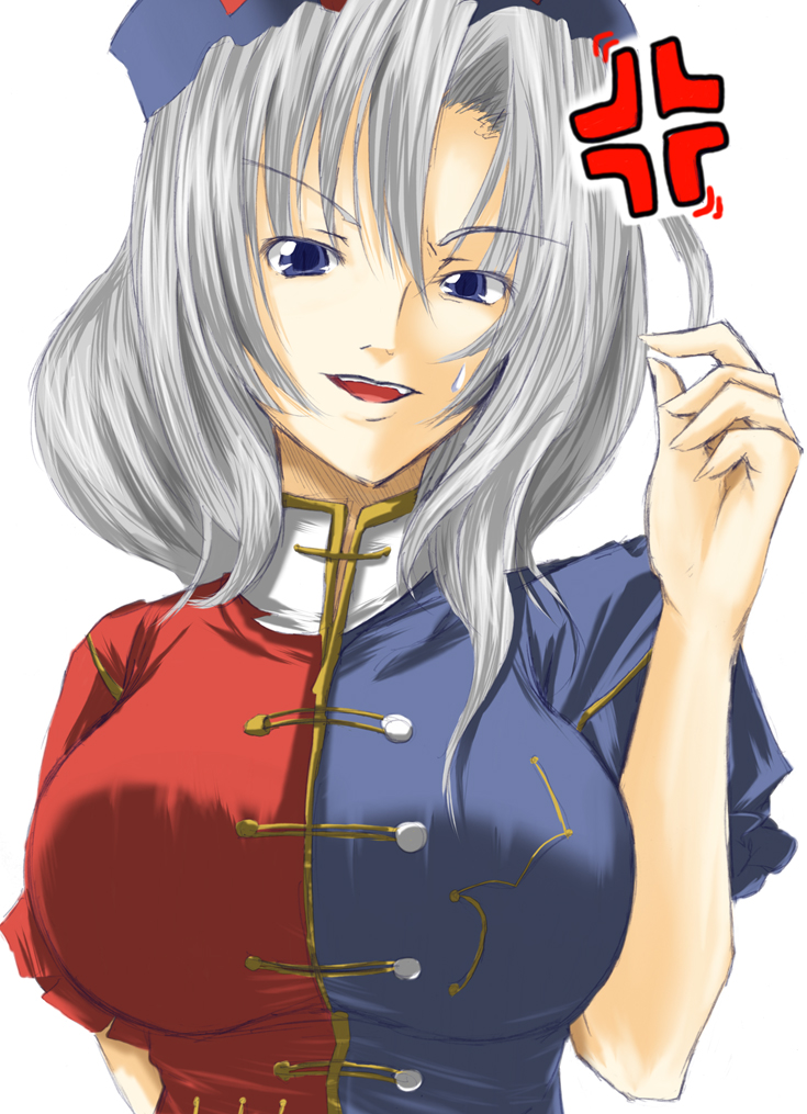 &gt;:) &gt;:d :d anger_vein angry bad_id bangs blue_eyes breasts bust hair_twirling hat head_tilt large_breasts long_hair nurse_cap open_mouth r0g0b0 silver_hair simple_background smile solo sweatdrop touhou white_background yagokoro_eirin