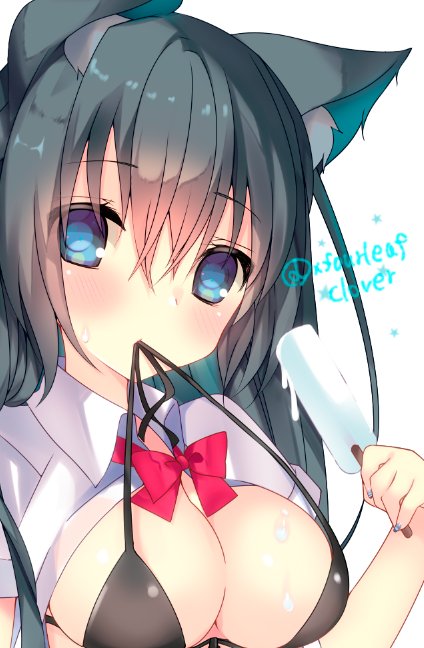 1girl animal_ears bangs black_bra black_hair blue_eyes blush bow bowtie bra breasts breasts_outside cat_ears collared_shirt eyebrows eyebrows_visible_through_hair hair_between_eyes holding large_breasts long_hair looking_at_viewer mouth_hold open_clothes open_shirt original popsicle red_bow red_bowtie satsuki_mayuri shirt simple_background solo sweat twitter_username underwear upper_body white_background white_shirt
