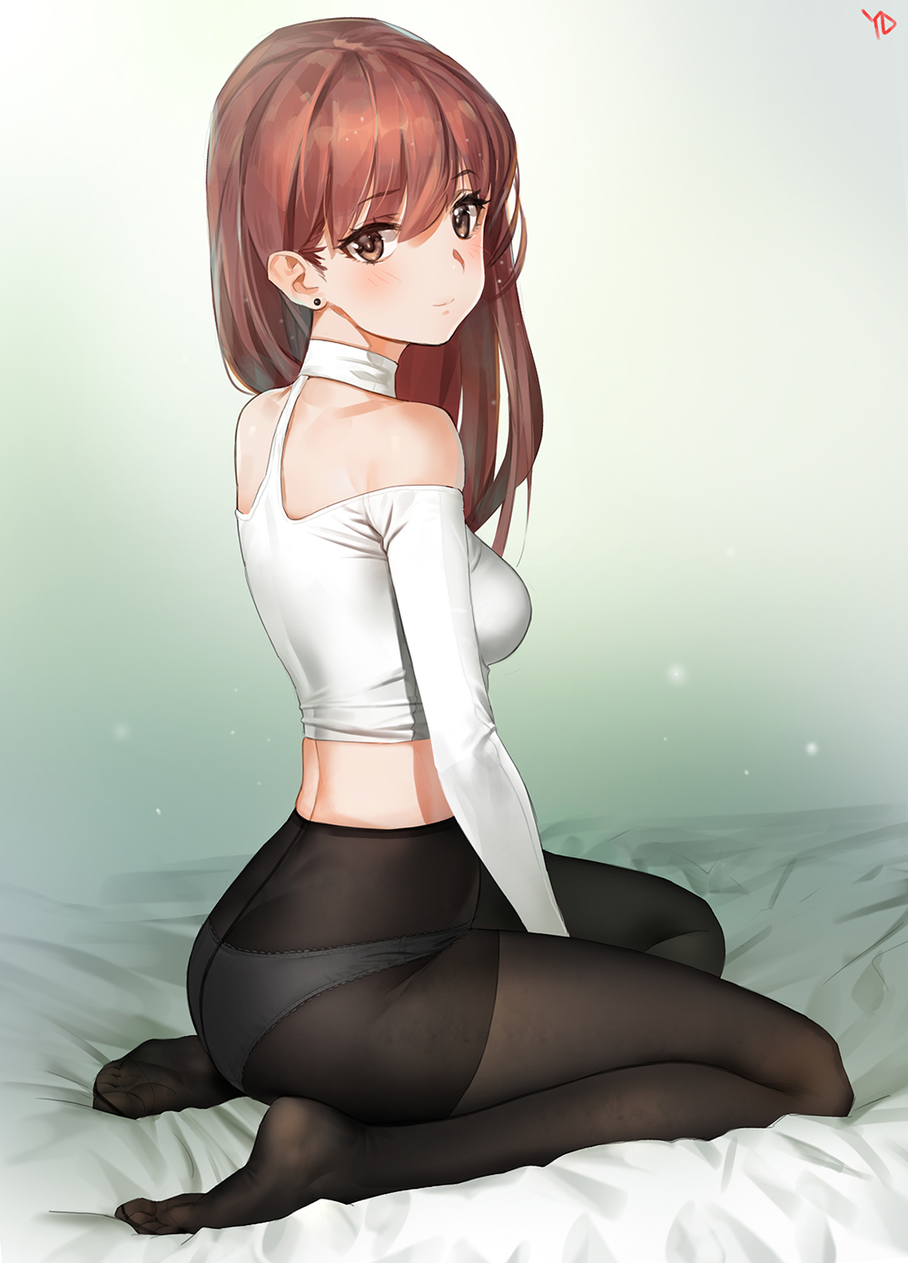 1girl artist_name bare_shoulders bed_sheet black_legwear blush breasts brown_eyes closed_mouth crotch_seam earrings eyebrows eyebrows_visible_through_hair full_body highres japanese_clothes jewelry long_hair long_sleeves looking_at_viewer looking_to_the_side original panties panties_under_pantyhose pantyhose redhead see-through shirt shoulder_cutout small_breasts smile soles solo stud_earrings tsurime underwear white_panties white_shirt yang-do