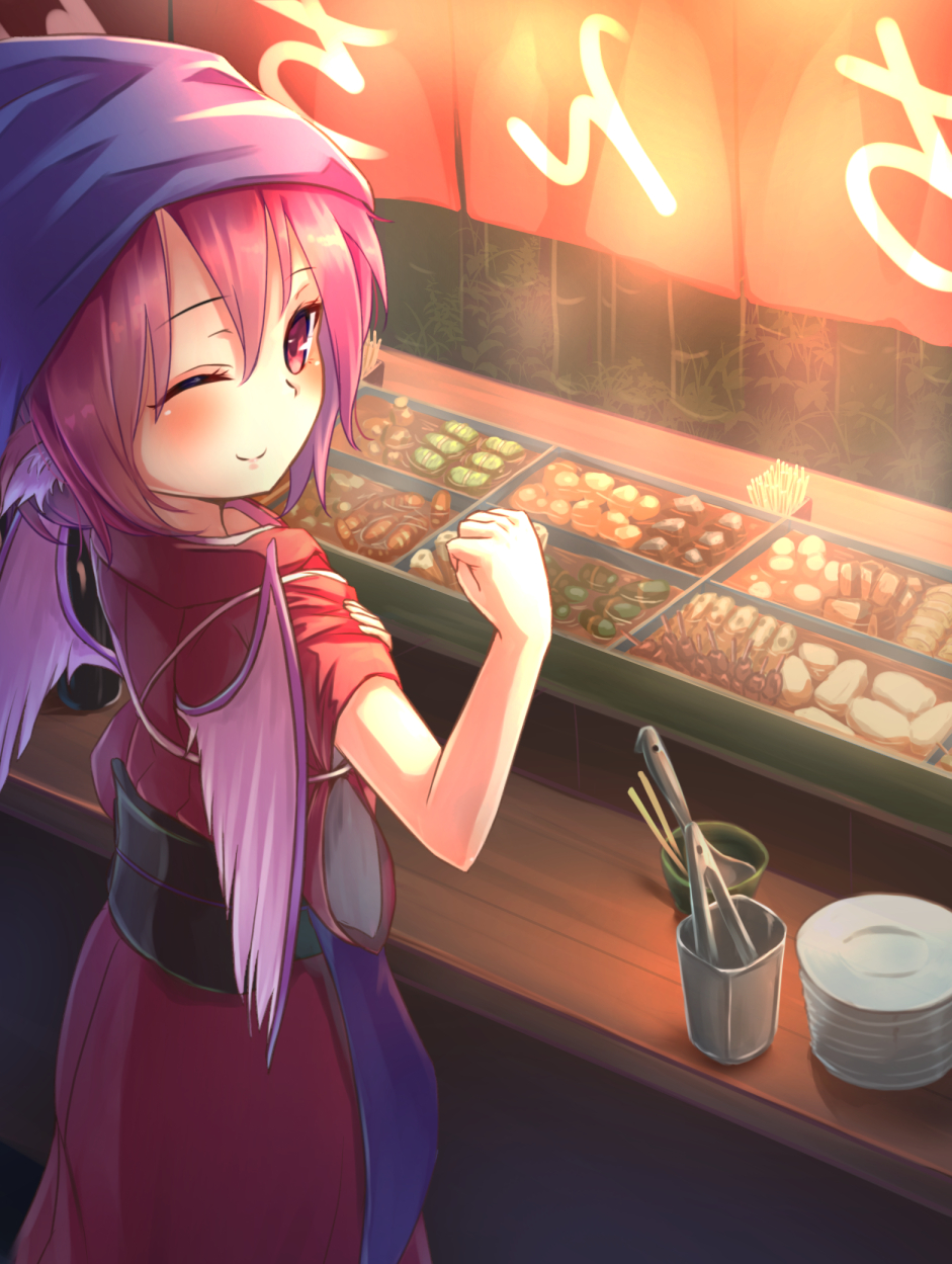 1girl ;) animal_ears apron bird_wings blush borushichi chopsticks clenched_hand commentary_request food_stand grill head_scarf highres japanese_clothes kimono looking_at_viewer mystia_lorelei noren obi oden okamisty one_eye_closed pink_eyes pink_hair plate red_kimono sash short_hair smile solo tasuki touhou wings yatai