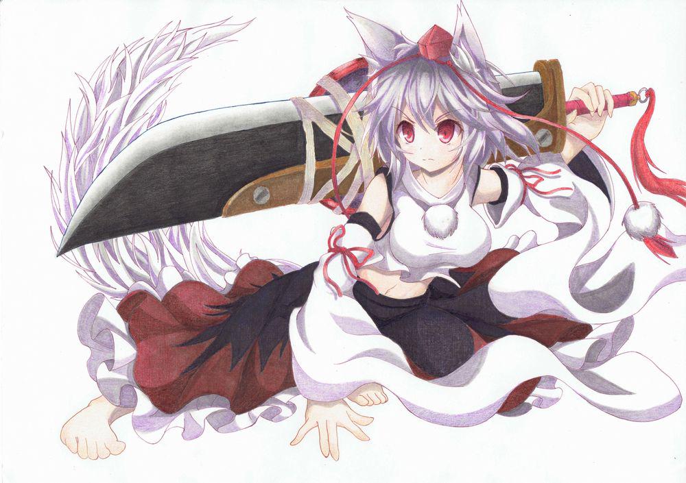 1girl animal_ears barefoot calligraphy_brush_(medium) commentary_request detached_collar hakama hat hat_ribbon inubashiri_momiji japanese_clothes kittona long_sleeves midriff millipen_(medium) navel red_eyes red_hakama ribbon shirt skirt solo sword tail tokin_hat touhou traditional_media watercolor_pencil_(medium) weapon white_background wide_sleeves wolf_ears wolf_tail