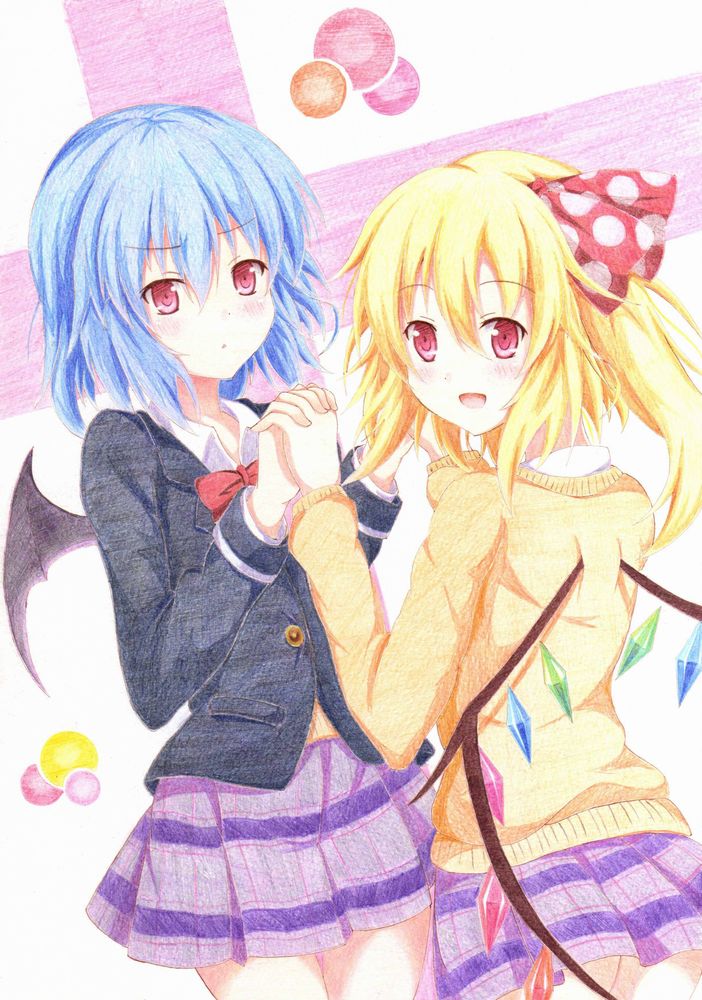 &gt;:o 2girls :d :o alternate_costume bat_wings blazer blonde_hair blue_hair blush bow bowtie commentary_request contemporary cowboy_shot crystal flandre_scarlet holding_hands interlocked_fingers jacket kittona looking_at_viewer millipen_(medium) multiple_girls no_hat no_headwear open_mouth pleated_skirt purple_skirt red_bow red_bowtie red_eyes remilia_scarlet school_uniform short_hair siblings side_ponytail sisters skirt smile sweater touhou traditional_media watercolor_pencil_(medium) wings