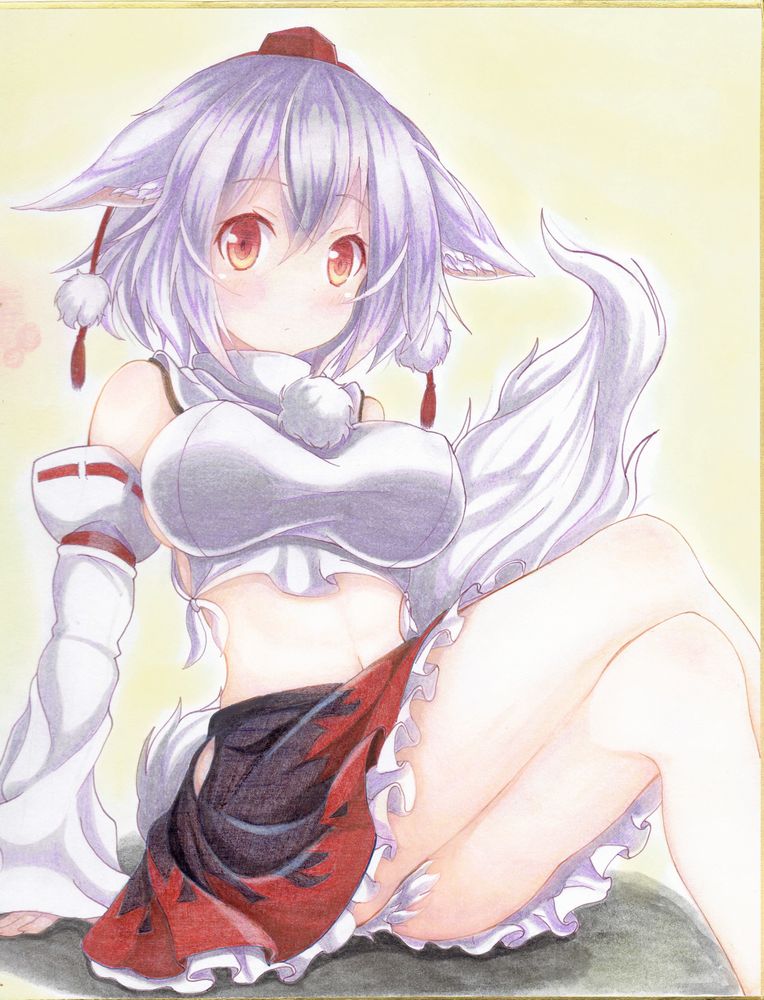 1girl animal_ears arm_garter arm_support bare_shoulders blush breasts closed_mouth commentary_request crop_top crossed_legs detached_sleeves frilled_skirt frills hat hip_vent inubashiri_momiji kittona long_sleeves looking_at_viewer medium_breasts midriff miniskirt navel orange_eyes pom_pom_(clothes) short_hair side-tie_shirt sideboob silver_hair sitting skirt solo tail tokin_hat touhou watercolor_pencil_(medium) wide_sleeves wolf_ears wolf_tail