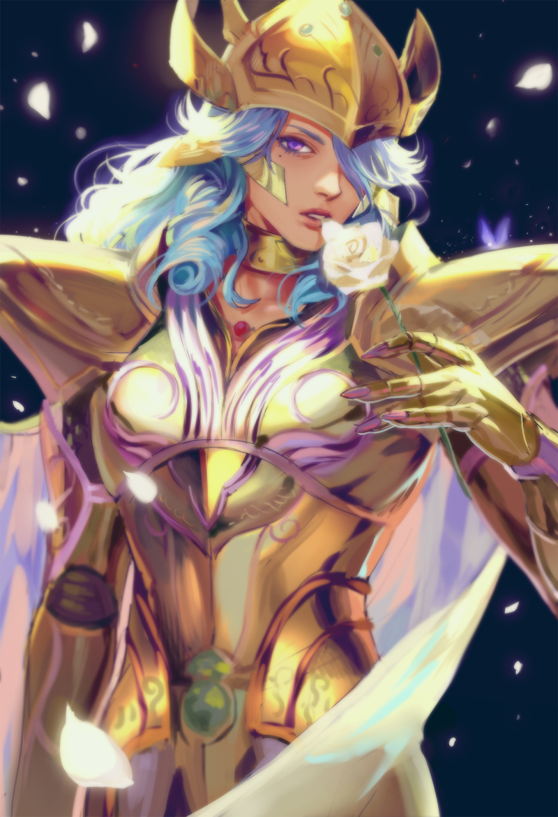 1boy biting cowboy_shot emg_(christain) flower flower_in_mouth gauntlets gold_armor gold_saint hair helmet long_hair looking_at_viewer mole mole_under_eye parted_lips pisces_aphrodite realistic rose saint_seiya solo white_rose