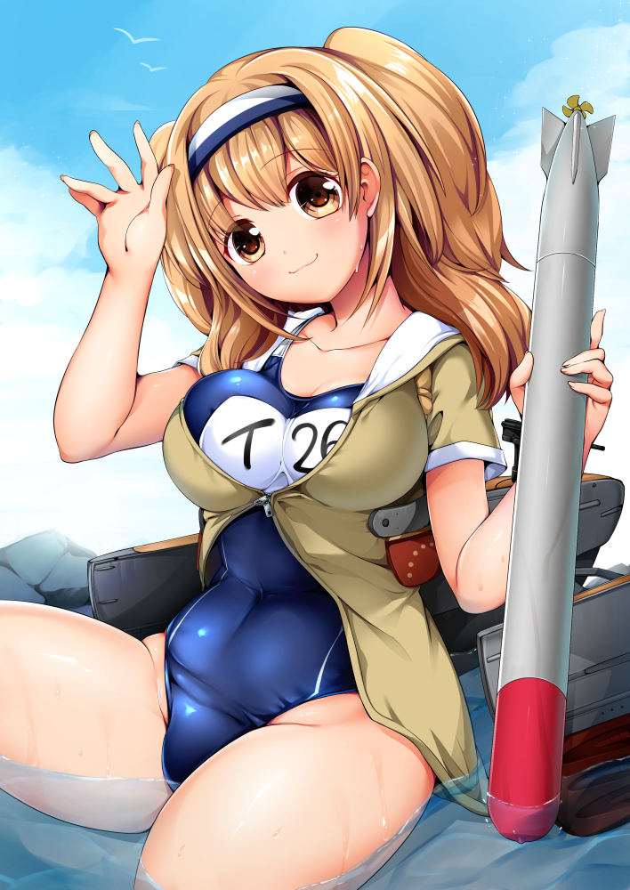 1girl bird blue_sky breasts clouds hairband i-26_(kantai_collection) kantai_collection large_breasts light_brown_eyes light_brown_hair long_hair machinery name_tag new_school_swimsuit open_clothes rock ruri_rarako sailor_collar school_swimsuit seagull short_sleeves sitting sky solo swimsuit swimsuit_under_clothes torpedo water
