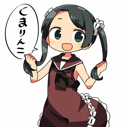 ... 1girl alternate_costume black_eyes black_hair bow bowtie commentary dress frilled_dress frills holding holding_hair kanikama kantai_collection long_hair looking_at_viewer lowres mikuma_(kantai_collection) open_mouth simple_background solo speech_bubble translated twintails white_background