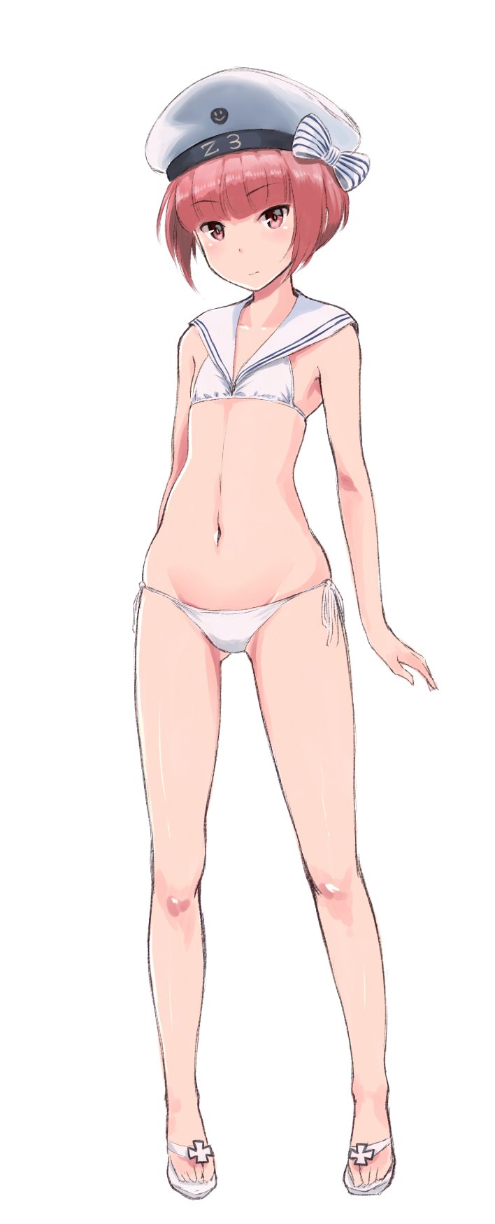 1girl auburn_hair beret bikini bow brown_eyes brown_hair clothes_writing flat_chest full_body hat hat_bow highres kantai_collection midriff navel peaked_cap sailor_bikini sailor_collar sailor_hat sandals short_hair sketch smile solo standing swimsuit wa_(genryusui) white_bikini white_hat z3_max_schultz_(kantai_collection)