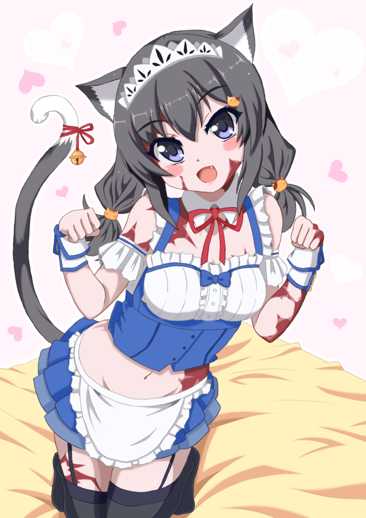 1girl :d alternate_costume animal_ears apron bare_shoulders bell black_hair black_legwear blush_stickers bow burn_scar cat_ears cat_hair_ornament cat_tail detached_collar dorei_to_no_seikatsu_~teaching_feeling~ enmaided fang garter_straps hair_ornament head_tilt heart kemonomimi_mode kneeling long_hair looking_at_viewer low_twintails maid maid_headdress midriff navel no_shoes open_mouth paw_pose scar skirt smile solo sylvie_(dorei_to_no_seikatsu) tail tail_bell takahiko thigh-highs twintails violet_eyes waist_apron wrist_cuffs