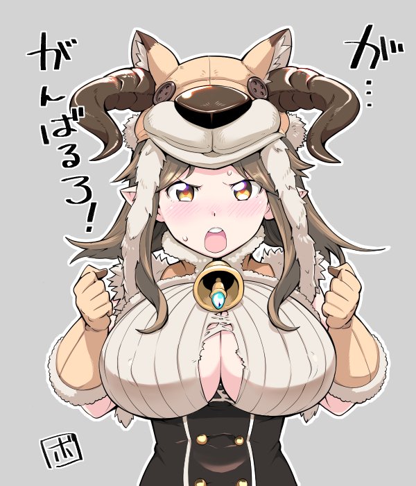 1girl animal_hat bowieknife breasts brown_hair center_opening cleavage commentary_request daetta_(granblue_fantasy) doraf fur_trim gloves granblue_fantasy hat horns large_breasts long_hair solo torn_clothes