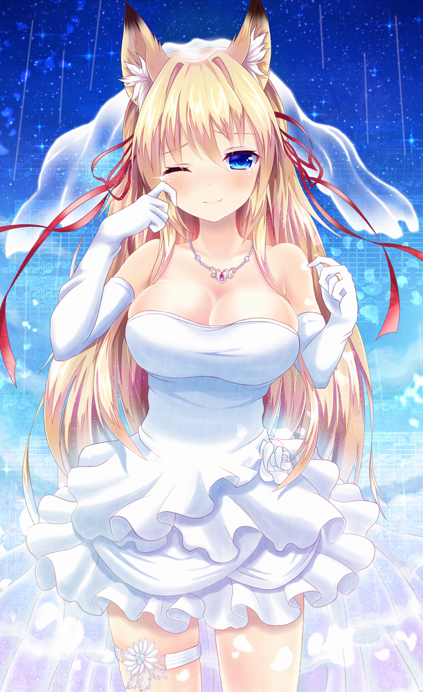 1girl ;) animal_ears bare_shoulders blonde_hair blue_eyes blush breasts bridal_veil cleavage collarbone commentary_request cowboy_shot dress elbow_gloves flower fox_ears fox_girl gloves hair_ribbon happy_tears heart heart_necklace jewelry kittona large_breasts long_hair looking_at_viewer necklace one_eye_closed original petals red_ribbon ribbon ring rose sky smile solo star_(sky) starry_sky strapless strapless_dress tears thigh_strap tress_ribbon veil very_long_hair wedding_band wedding_dress white_dress white_gloves white_rose wiping_tears