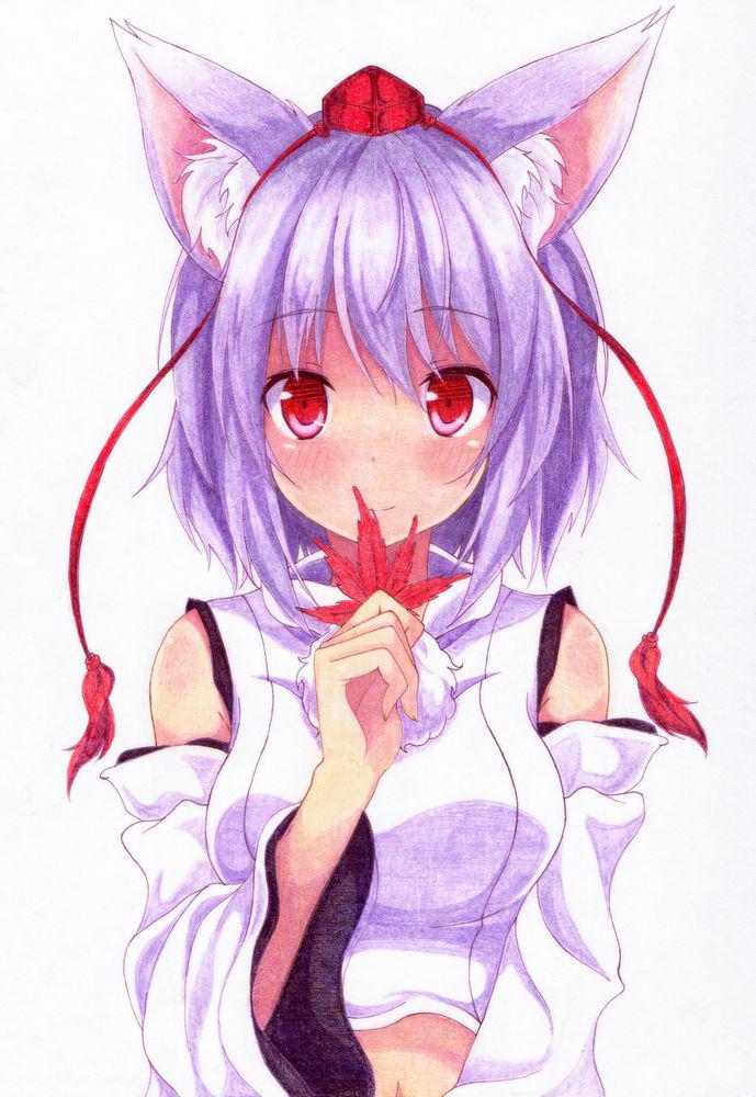 1girl animal_ears bare_shoulders blush breasts commentary_request detached_sleeves hat holding_leaf inubashiri_momiji kittona leaf long_sleeves looking_at_viewer maple_leaf medium_breasts navel red_eyes short_hair silver_hair smile solo tokin_hat touhou upper_body watercolor_pencil_(medium) white_background wide_sleeves wolf_ears
