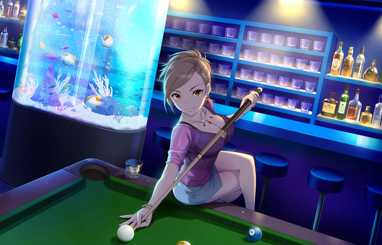 1girl alcohol artist_request ball bar billiards bracelet braid breasts brown_eyes brown_hair cleavage counter crossed_legs cue_stick cup drink drinking_glass earrings fish fish_tank french_braid glass hyoudou_rena idolmaster idolmaster_cinderella_girls idolmaster_cinderella_girls_starlight_stage indoors jewelry jpeg_artifacts large_breasts light_smile looking_at_viewer necklace official_art pool_table pose side_slit sitting skirt smile solo stool