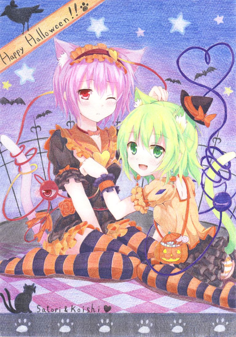 2girls :d ;( adapted_costume animal_ears arm_garter bat black_dress black_skirt blush bow candy cat_ears cat_tail character_name checkered checkered_floor choker commentary_request dress eyeball fang frilled_shirt_collar frills green_eyes green_hair hairband halloween happy_halloween hat hat_bow heart heart_of_string jack-o'-lantern kaenbyou_rin kaenbyou_rin_(cat) kemonomimi_mode kittona komeiji_koishi komeiji_satori lolita_hairband lollipop millipen_(medium) mini_hat mini_top_hat multiple_girls nekomata open_mouth orange_bow orange_shirt paw_pose paw_print pink_hair puffy_short_sleeves puffy_sleeves red_bow red_eyes reiuji_utsuho reiuji_utsuho_(bird) shirt short_hair short_sleeves siblings sisters sitting skirt smile star striped striped_legwear tail thigh-highs third_eye top_hat touhou traditional_media wariza watercolor_pencil_(medium) wrist_cuffs zettai_ryouiki