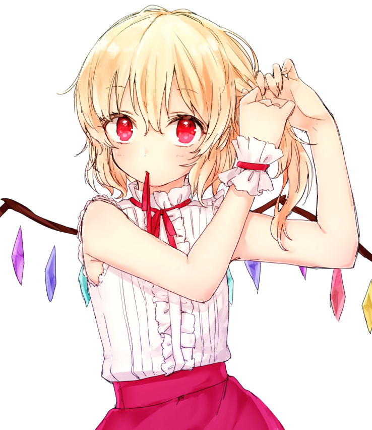 1girl adjusting_hair alternate_costume armpit_peek bare_shoulders biting blonde_hair blush commentary_request crystal flandre_scarlet honotai looking_at_viewer mouth_hold neck_ribbon red_eyes red_ribbon red_skirt ribbed_shirt ribbon shirt short_hair skirt sleeveless sleeveless_shirt solo touhou tying_hair upper_body white_background wings wrist_cuffs