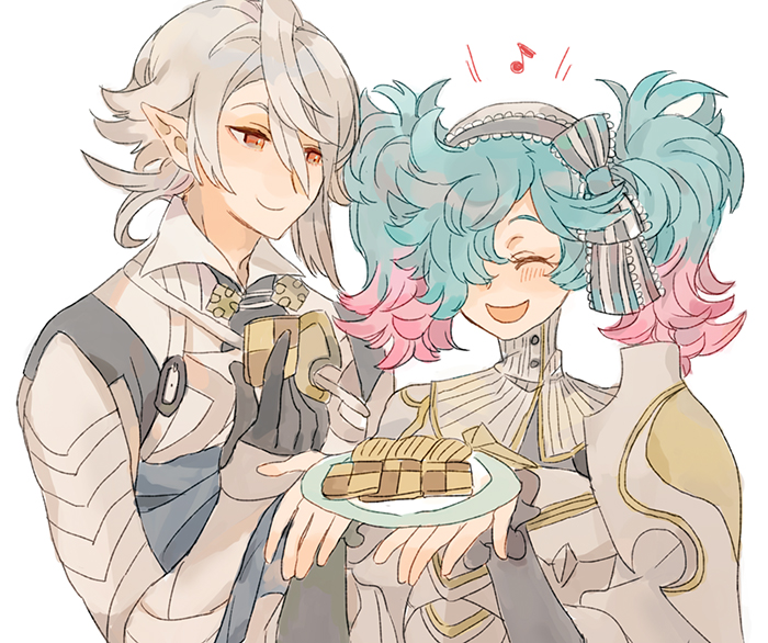 1boy 1girl armor blue_hair bow cookie fire_emblem fire_emblem_if food gloves hair_between_eyes hair_bow hair_over_one_eye happy kannawataame male_my_unit_(fire_emblem_if) multicolored_hair musical_note my_unit_(fire_emblem_if) nintendo open_mouth pieri_(fire_emblem_if) pink_hair plate pointy_ears red_eyes short_hair smile twintails two-tone_hair veil